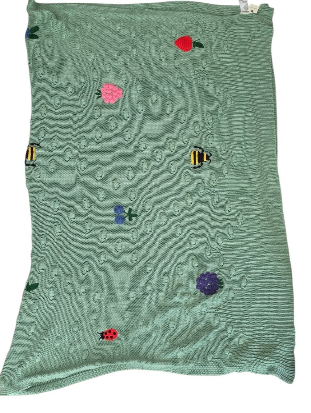 Anthropologie Isabella Cotton Crochet Strawberry Bee Throw Blanket Green NWT - Picture 5 of 7